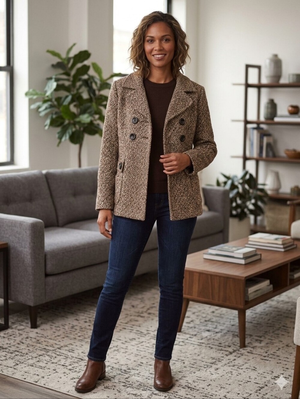 Fenn Wright Manson Women's Brown Herringbone Tweed Peacoat Coat Jacket L